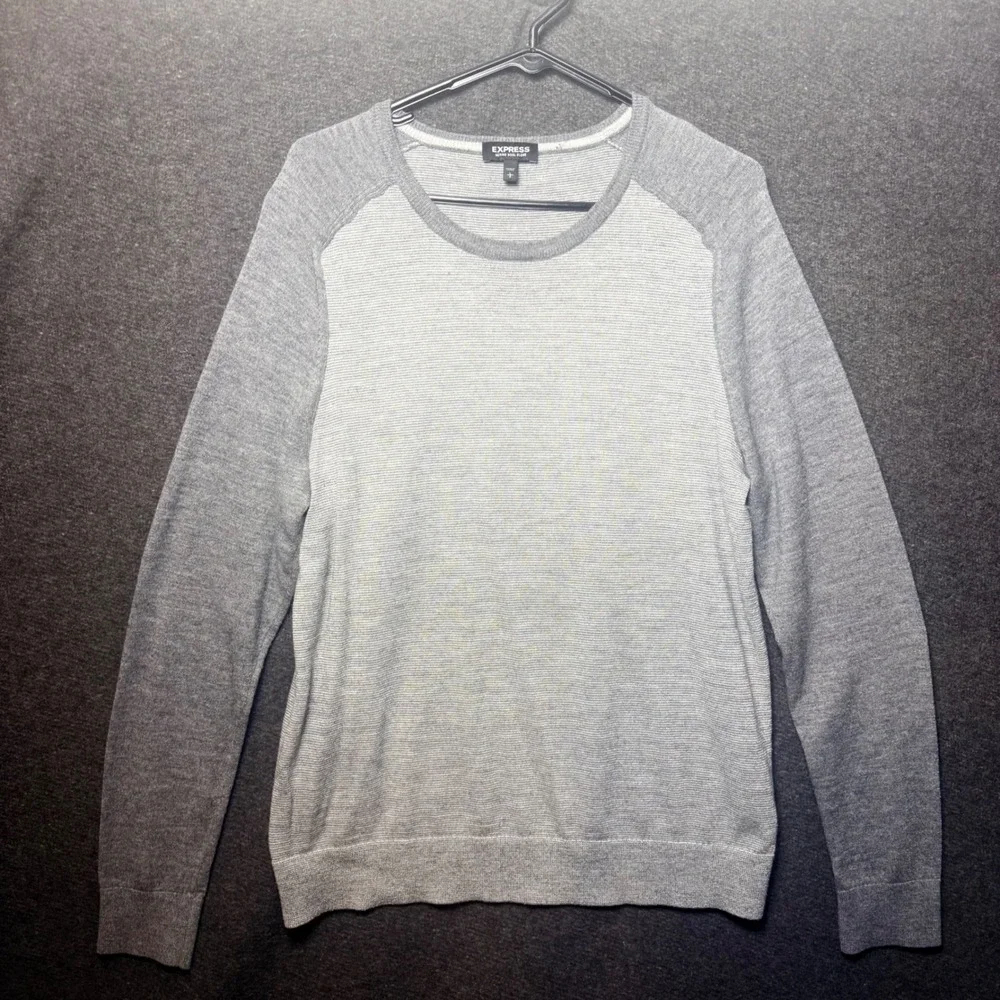 Express Merino‎ Wool Sweater Mens Large Grey Raglan Crew Neck Knit L preppy